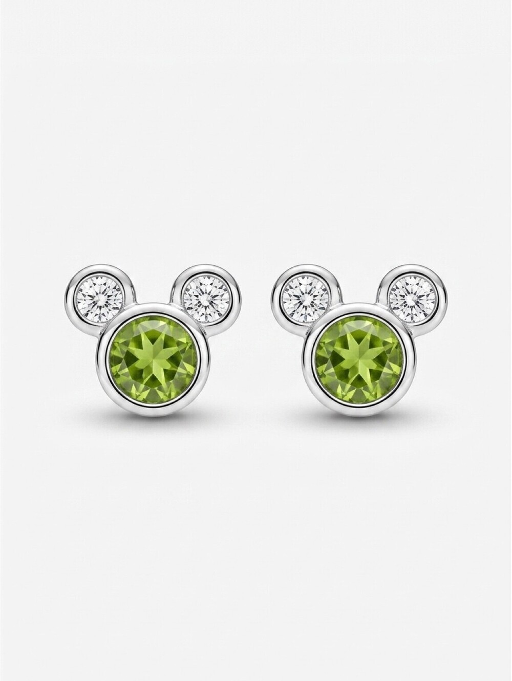 Disney Parks Mickey Mouse Green CZ August Birthstone Stud Earrings Silver Tone